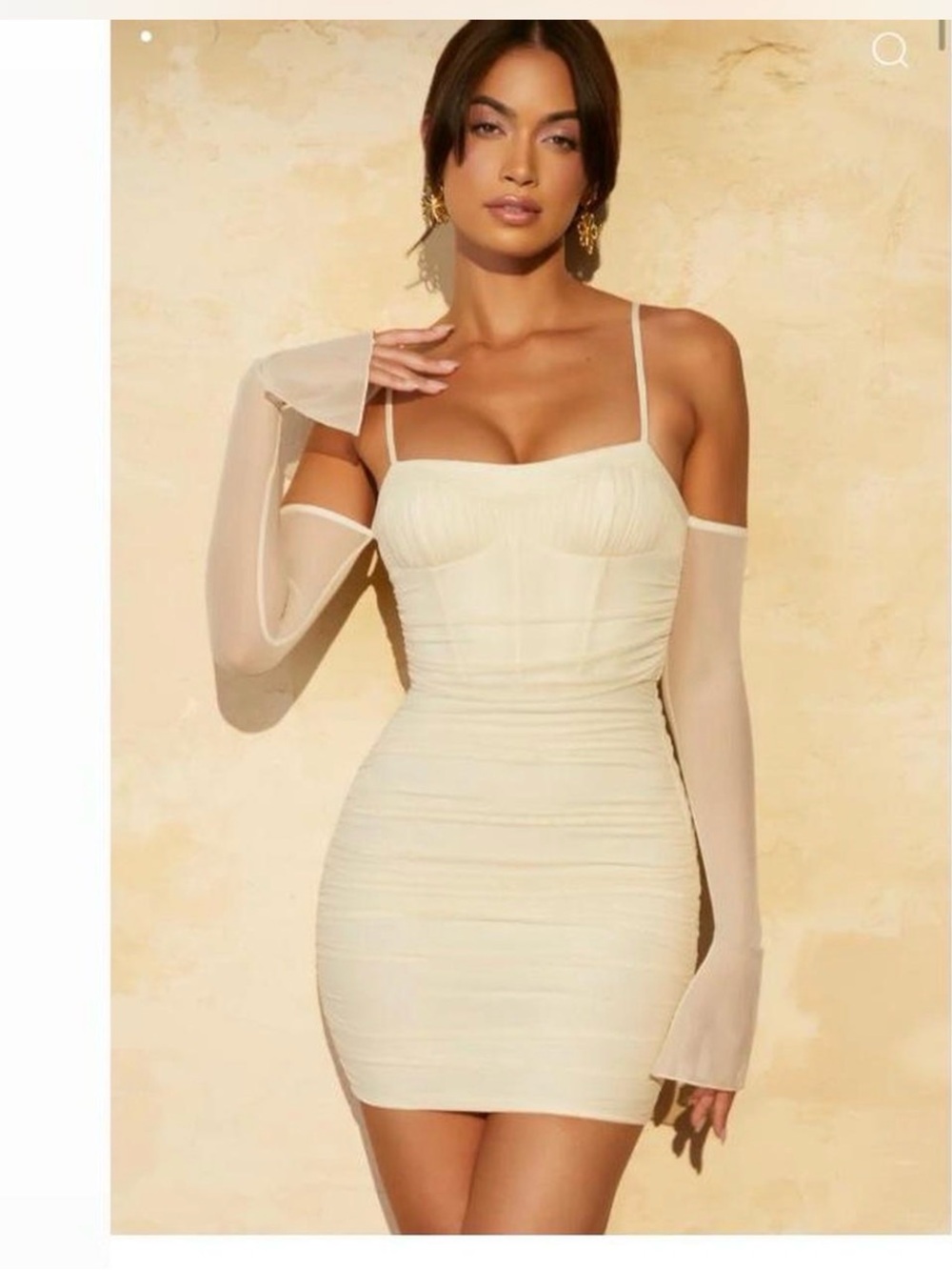 Oh Polly Cream Ruched Mini Dress with Sheer Long Sleeves